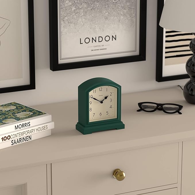 JONES CLOCKS® Tavern Mantel Clock | Modern Arch top Design | Dark Green | Contemporary Classic Style for Desk, Table, Shelf or Bedside