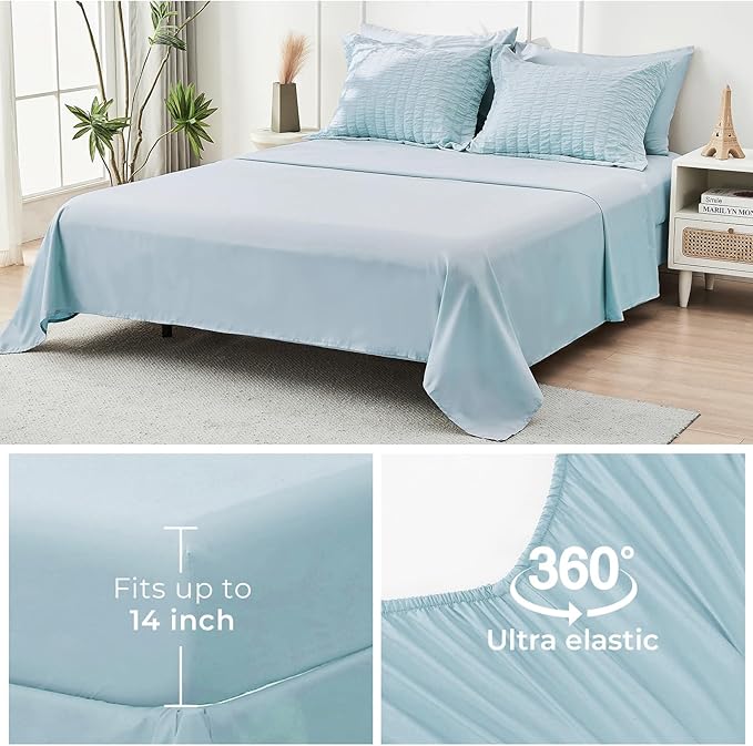 HYMOKEGE Lake Blue Full Size Comforter Sets Seersucker 7 Pieces, All Season Luxury Bed in a Bag for Bedroom, Bedding Set with Comforters, Sheets, Pillowcases & Shams
