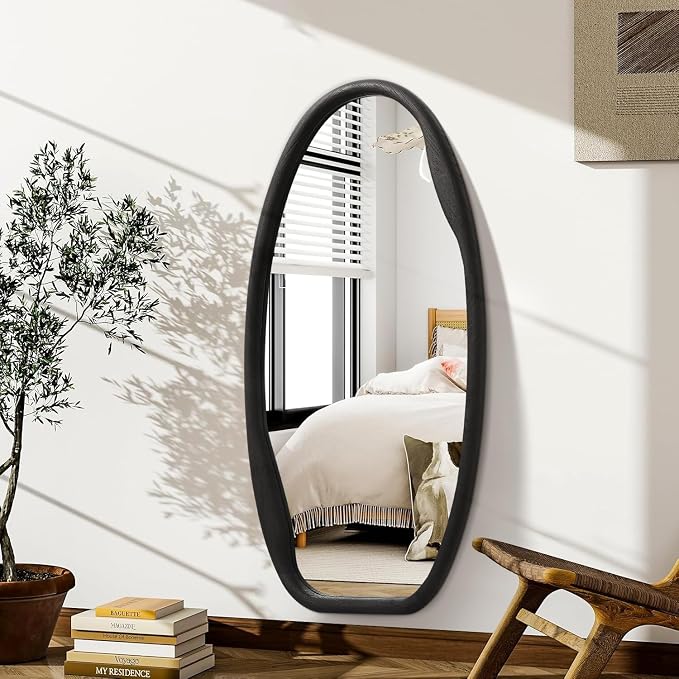 JJUUYOU Irregular Wall Mirror Black Wood Frame Mirrors for Wall 40"X20" Large Asymmetrical Hanging Mirror Modern Horizontal or Vertical Mirrors for Living Room Bathroom Entryway Bedroom Farmhouse