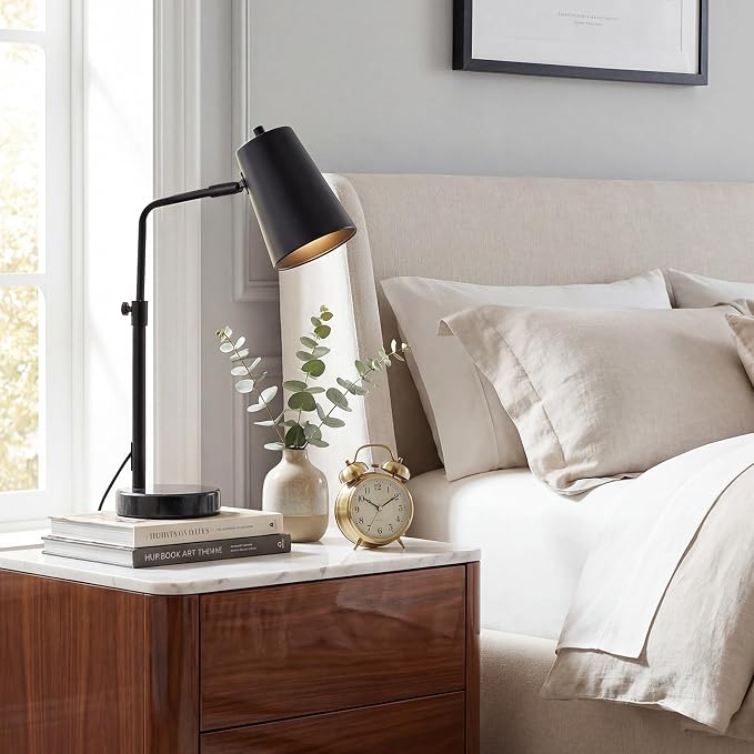 VONLUCE 20" Desk Lamp with LED Bulb, Metal Table Lamp Marble Base, Mid Century Modern Reading Lamp Office, Industrial Task Lamp Work Lamp for Reading Bedroom, Black
