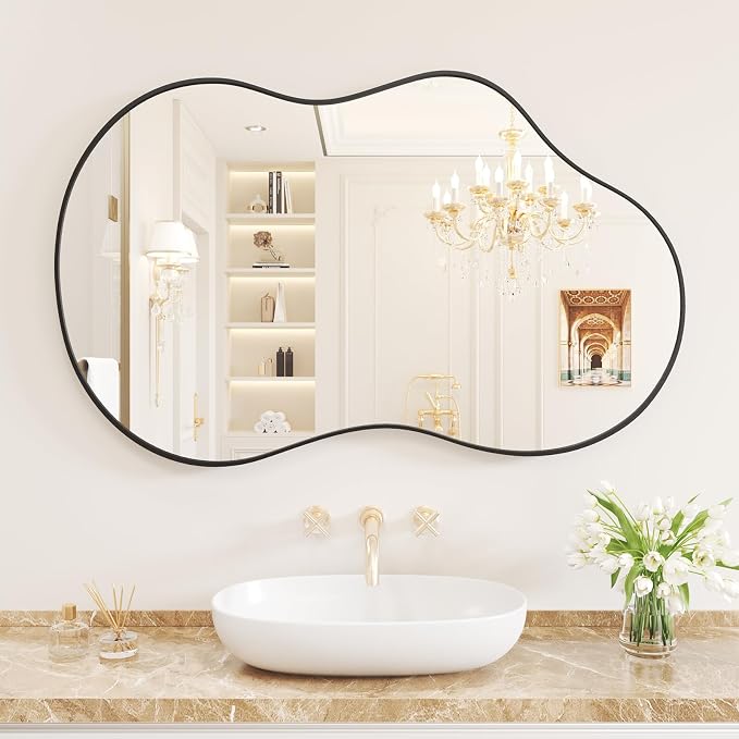 WEER Irregular Wall Mirror, 24x36 inch Black Asymmetrical Wall Mounted Mirrors Decorative, Abstract Wavy Aluminum Alloy Frame for Bathroom, Bedroom, Living Room, Entryway