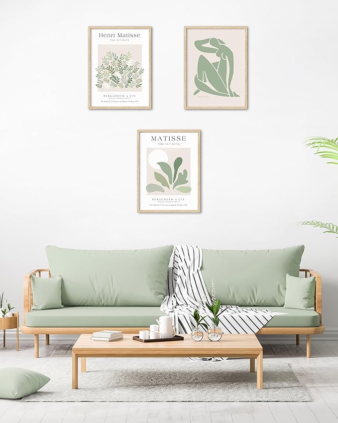 Unframed Sage Green Wall Art Set of 3,12x16IN Abstract Matisse Wall Decor,Quality Canvas Prints Posters Decoration for Bathroom Living Room Bedroom, Unframed