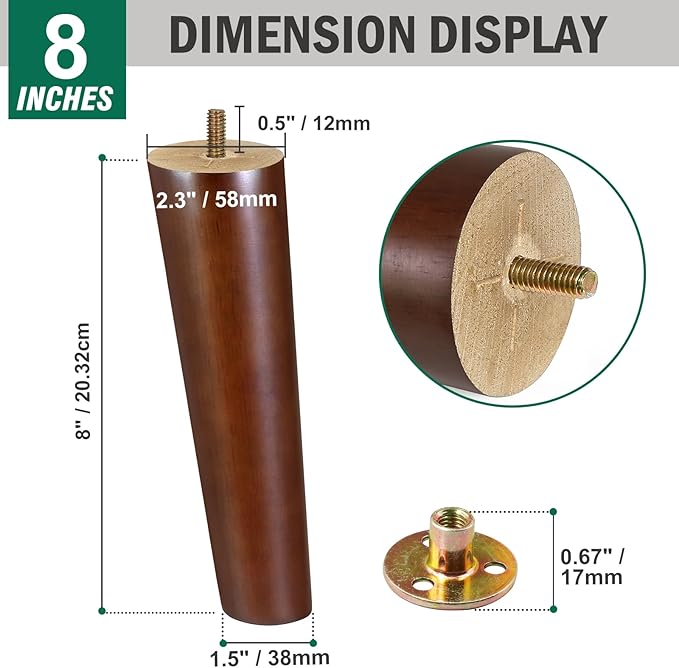 FoDau770 Brown Rubber Wood Furniture Legs 8 Inches, Slant Tapered Wood Feet Mid Century Sofa Legs Set of 4, 5/16" UNC Furniture Feet Replacement Parts for Cabinet Couch Dresser Chair Ottoman Table
