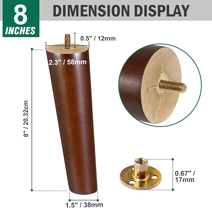 FoDau770 Brown Rubber Wood Furniture Legs 8 Inches, 5/16" UNC Slant Tapered Wood Feet Mid Century Sofa Legs, Wooden Furniture Feet Replacement Parts for Cabinet Couch Dresser Chair Ottoman Table