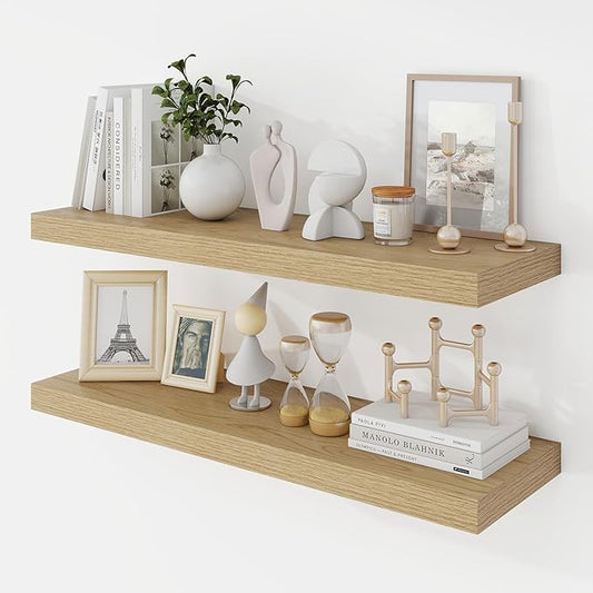 30 Inch Floating Shelves, 9.3" Deep Floating Shelf Wall Mounted, 30" Wall Shelves, Rustic Deep Bookshelf, Large Display Shelves & Storage Shelves for Bedroom, Living Room, Oak, Set of 2