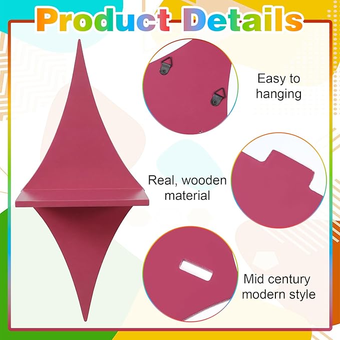 4 PCS Floating Wood Shelves Star Shaped, 13.8 X 5.9 Inch Mid Century Wall Decor Retro Small Wall Shelves Hanging Storage Sign Decoration for Bedroom, Living Room, Bathroom, Office Decor