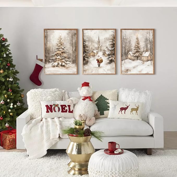 Christmas Wall Art Decor Winter Santa Pictures Vintage Christmas Canvas Poster Snowy Pine Trees Wall Art Xmas Forest Prints Santa Claus Painting Artwork for Bedroom Living Room 12x16x3 Inch Unframed