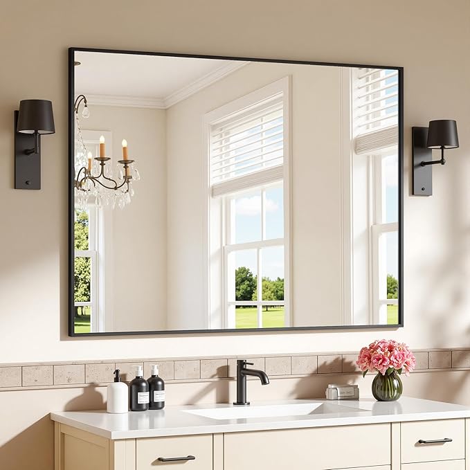 Bathroom Mirrors for Over Sink 40" x 30", Black Metal Frame Rectangle Wall Mirror, Modern Farmhouse Vanity Mirror(Horizontal/Vertical)
