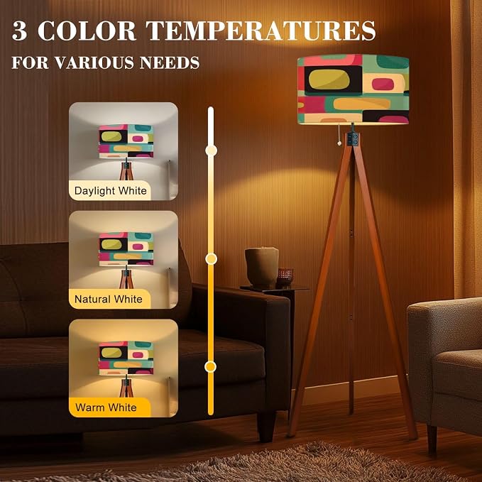 Wood Tripod Floor Lamp mid Century Style Seamless Mid Century Standing Lamp Linen Shade Dimmable Modern Tall lamp Home Decor for Living Room Bedroom Office