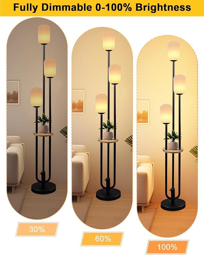 Lightdot Black Dimmable Floor Lamp with Shelf Modern Floor Lamps with Oval Striped Lampshade & Bulb Included 3-Lights Tall Lamp with 5Lbs Heavy Base for Living Room/Bedroom/Sofa Beside/Corner Decor