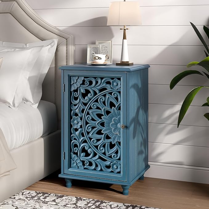 JOINICE Small Accent Cabinet with Carved Mandala Door, Blue Storage Cabinet with Solid Wood Legs & Adjustable Shelf, Boho Distressed End Table for Living Room, Bedroom, Entryway Side Table
