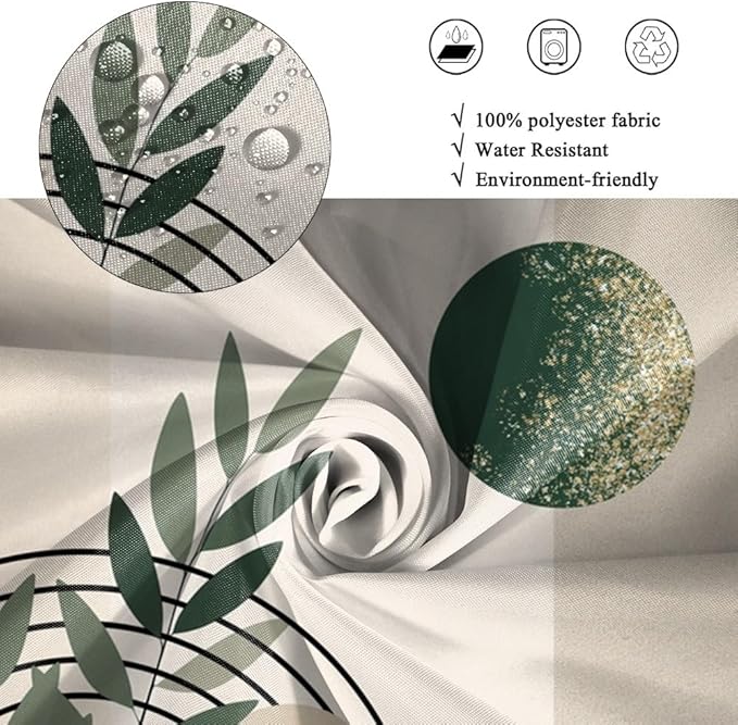 Mid Century Boho Shower Curtain for Bathroom Modern Abstract Minimalist Bathroom Decor Set Green Leaf Sun Arch Bathtub Curtains Machine Washable Waterproof Polyester Fabric with Hooks 54x72 Inch