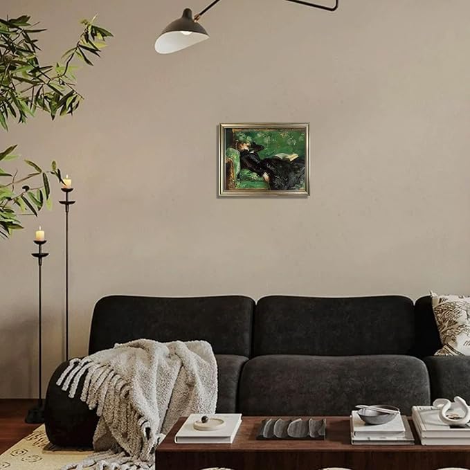 Framed Vintage Woman Reading Book Canvas Wall Art Moody Black and Green Oil Painting Living Room Bedroom Decor Home Artwork