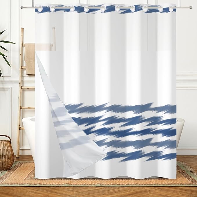 No Hook Blue Striped Shower Curtain with Snap in Fabric Liner Set Washable Wavy Blue Pattern Modern Hotel Quality Shower Curtain with See Through Mesh Double-Layered Curtains for Bathroom 71x74 Inch