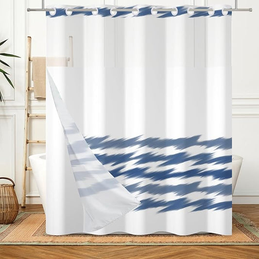 No Hook Blue Striped Shower Curtain with Snap in Fabric Liner Set Washable Wavy Blue Pattern Modern Hotel Quality Shower Curtain with See Through Mesh Double-Layered Curtains for Bathroom 71x74 Inch