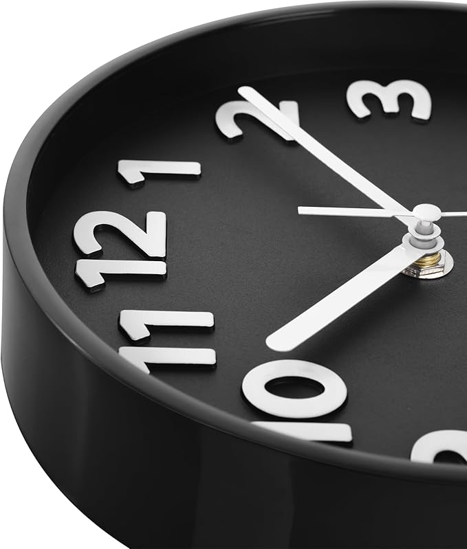 JENLYSTIME 8 Inch Black Modern Wall Clock – Silent Non-Ticking, Bold 3D Numbers, Precise Quartz Movement | Decorative Desk & Wall Clock with Stand for Home, Kitchen, Bedroom, or Office