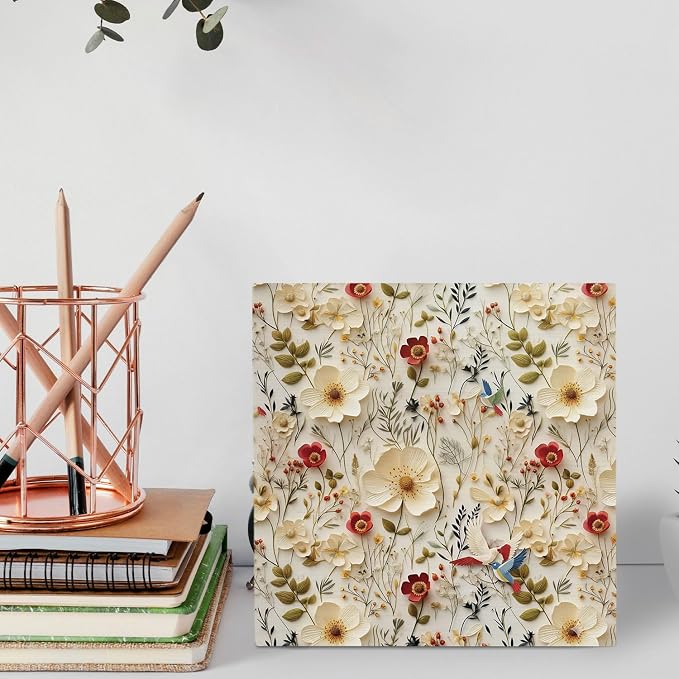 Spring Floral Bird 3D-Style Wooden Box Sign Desk Decor, Vintage Exquisite Rustic Wildflower Botanical Wood Signs for Home Living Room Office Desk Table Shelf Decorations, 5x5 Inch