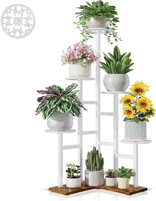 6 Tier Plant Stand Indoor Outdoor, Tall Metal Wood Shelf Tiered Planter Display Shelving Unit for Living Room Bedroom Balcony