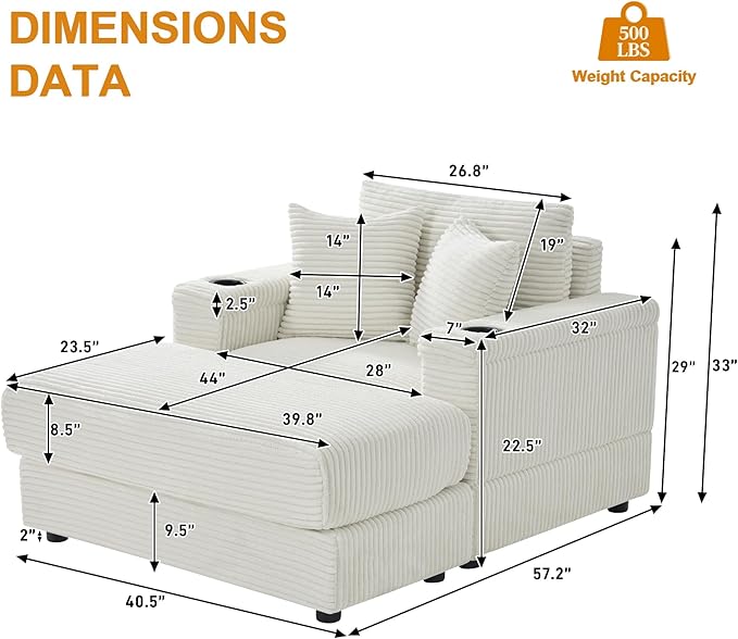 Oversized Chaise Lounge Chair Indoor with USB, Cup Holder & Ottoman, Firm Solid Wood Frame with Long Service Life Corduroy Oversized Lounge Reading Chair for Study Room - Beige White