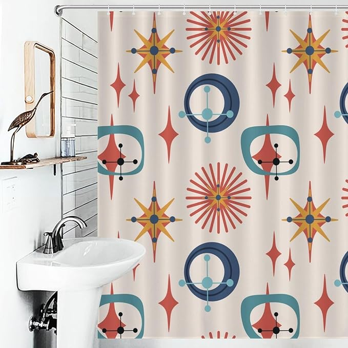 Retro 50s Shower Curtain Mid Century Modern Geometric Stars Colors Pattern Duty Fabric Shower Curtains Set Bathroom Polyester Waterproof with 12 Hooks, 66x72Inch（168x183cm）