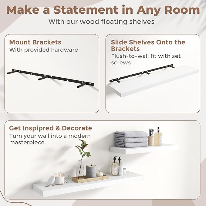 Floating Shelves for Wall with Invisible Brackets, Wall Mounted Engineered Wood Shelves with Wood Grain for Living Room, Bedroom, Bathroom, Kitchen Decor and Storage, Oak, 55"L Set of 2, White