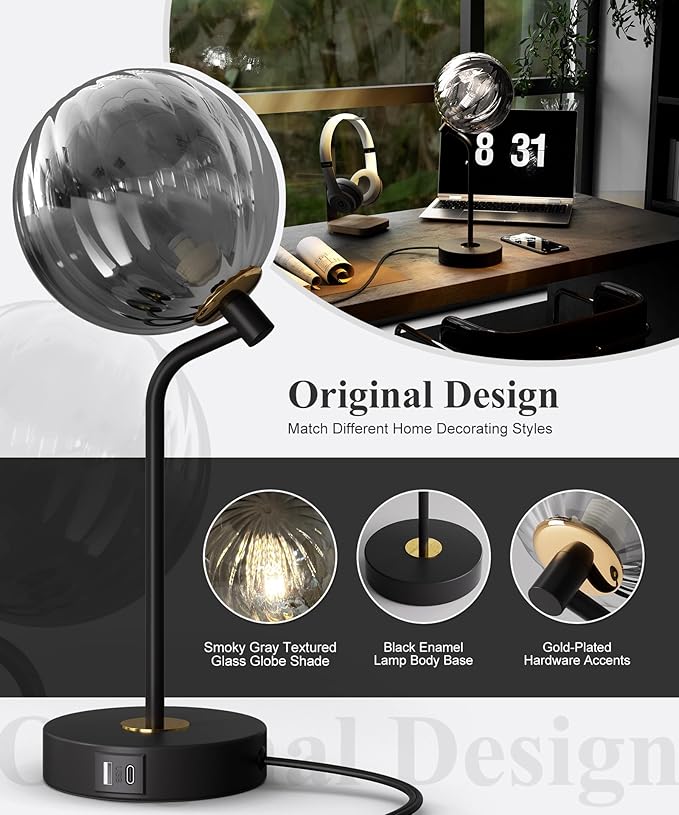 M14-2 Metro Sphere Glass Table Lamp - Mid Century Modern Night Stand Lamp with 3-Way Dimmable, USB Charging Ports, Minimalist Decorative Lamps for Living Room,Bedroom,Home Decor
