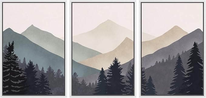 wall26 Framed Canvas Print Wall Art Set Woodland Nursery Decor Blue Gray Duotone Mountain Forest Abstract Nature Nordic Decorative Minimal Boho for Living Room, Bedroom, Office - 16"x24"x3 White