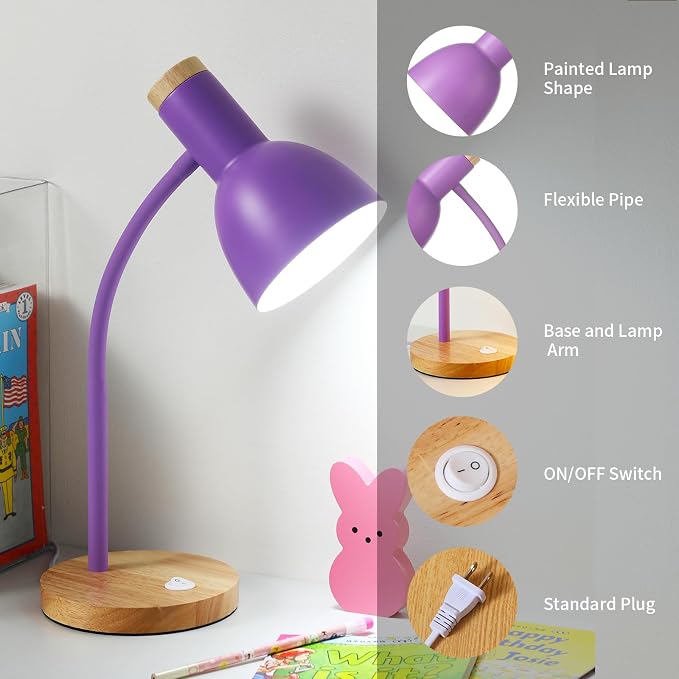 Table Lamp,Wooden Adjustable Desk Lamp,Dorm Lamp&Bedside Lamp for Living Room, Bedroom, Kids Room (Purple)