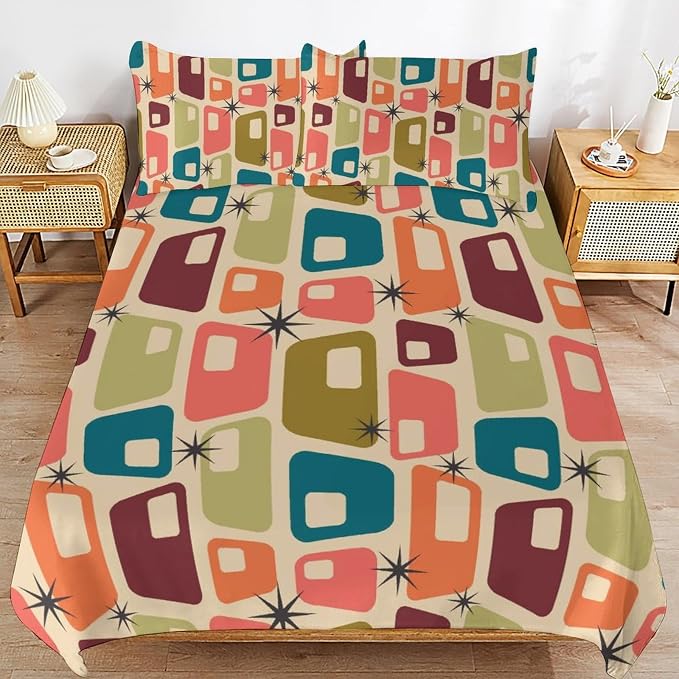 Mid Century Duvet Cover Sets Aesthetic Abstract Geometric Mid Century Retro Printed Lightweight Soft Quilt Cover Minimalist Soft Microfiber 3 Piece (1 Duvet Cover 90x102in + 2 Pillow Sham 20x30in)