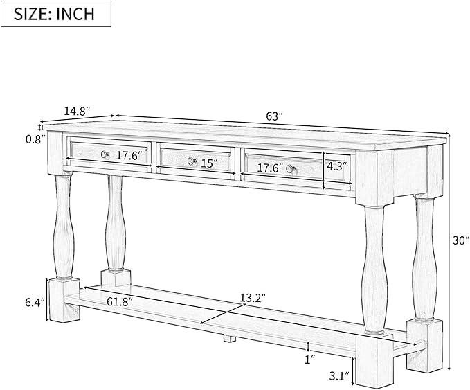 Merax Long Console Table with 3 Storage Drawers, Entryway Table with Pine Wood Frame and Legs, Sofa Table with Bottom Shelf for Entryway Living Room, Easy Assembly, Navy