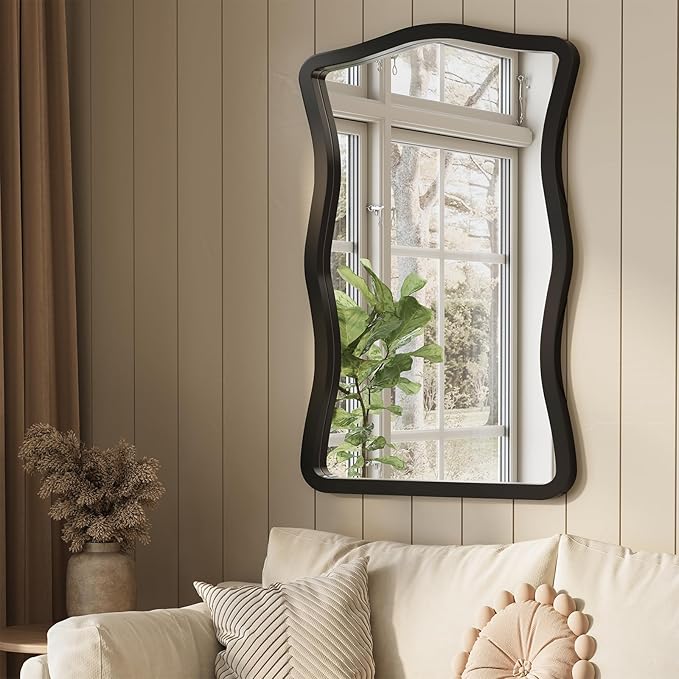 ULIKE Wavy Wall Mirror for Bathroom, 24x36 Wood Frame Mirror for Over Sink, Rustic Wall Mirrors Decorative and Vanity Mirrors for Bedroom Living Room Entryway, Black