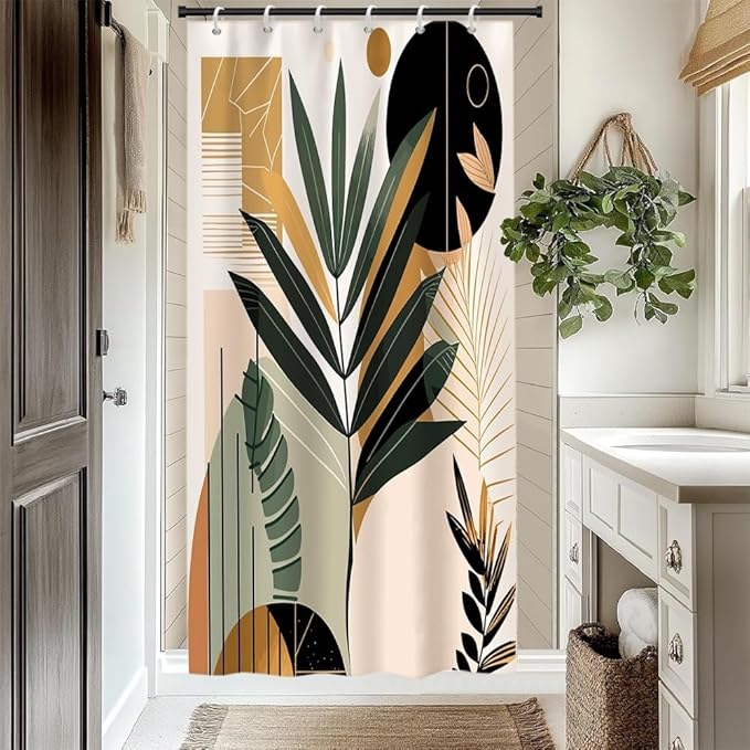 Boho Mid Century Shower Curtain for Bathroom Modern Abstract Minimalist Neutral Bathroom Decor Arch Sun Leaves Chic Aesthetic Bath Curtains Washable Waterproof Polyester Fabric with Hooks 36x72 Inch