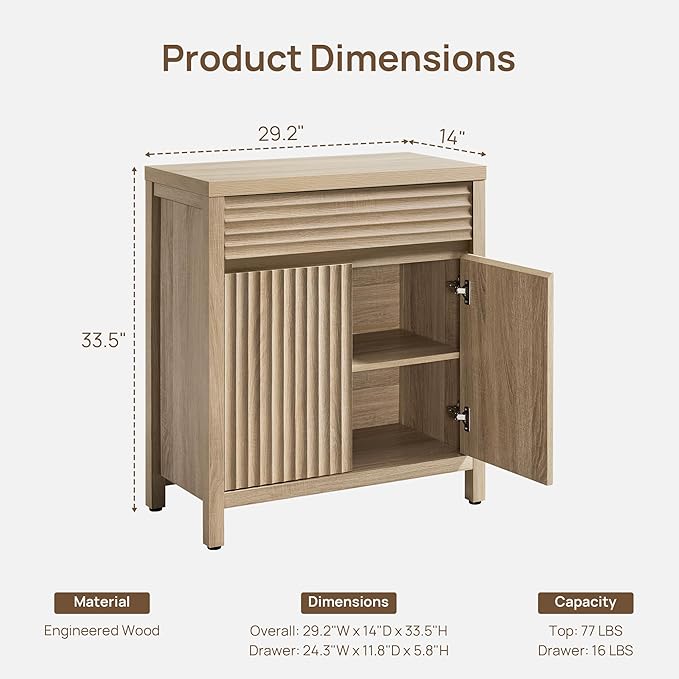 SICOTAS Sideboard Buffet Cabinet with Drawer - Fluted Sideboard Modern Credenza with Doors & Adjustable Shelves, Farmhouse Coffee Bar Media Console for Living Room Kitchen Entryway, Light Oak