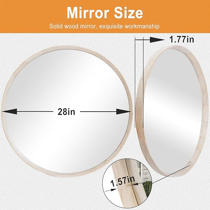 Natural Wood Round Mirror, 28 Inch - Large Wall Circle Mirror for Bathroom or Nursery Decor