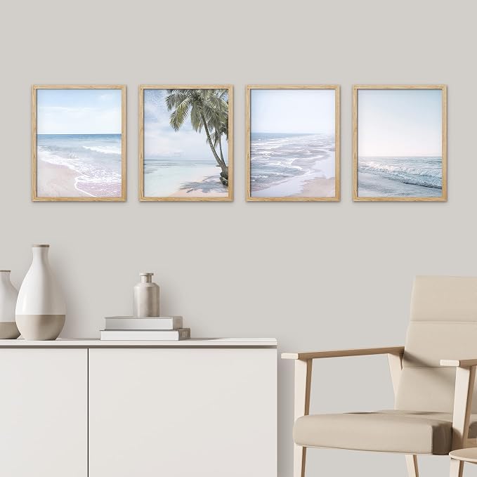 SIGNWIN Framed White Pastel Tropical Island Ocean Beach Shore Wall Art, Set of 4 Landscape Colorful Wall Decor Prints, Nature Wilderness Wall Décor for Living Room, Bedroom - 11"x14" Natural