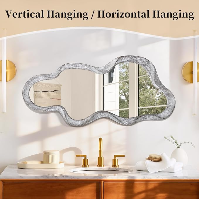 Irregular Wall Mirror Cloud Wavy Wood Frame Mirrors Asymmetrical Modern Mirror for Wall for Vanity Bathroom Living Room Bedroom Entryway Hallway Modern Unique Decorative Artistic Mirror Large