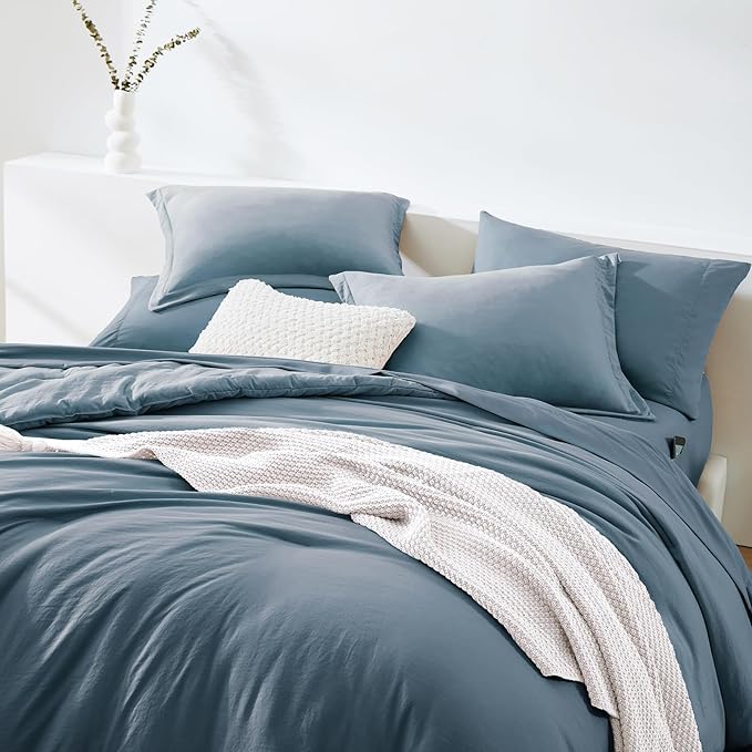 WRENSONGE Queen Comforter Set- 7 Pieces Soft Oxford Blue Bed in a Bag with Fitted Sheet, Flat Sheet, 2 Pillow Shams, and 2 Pillowcases- Warm Bedding Sets Queen for All Season