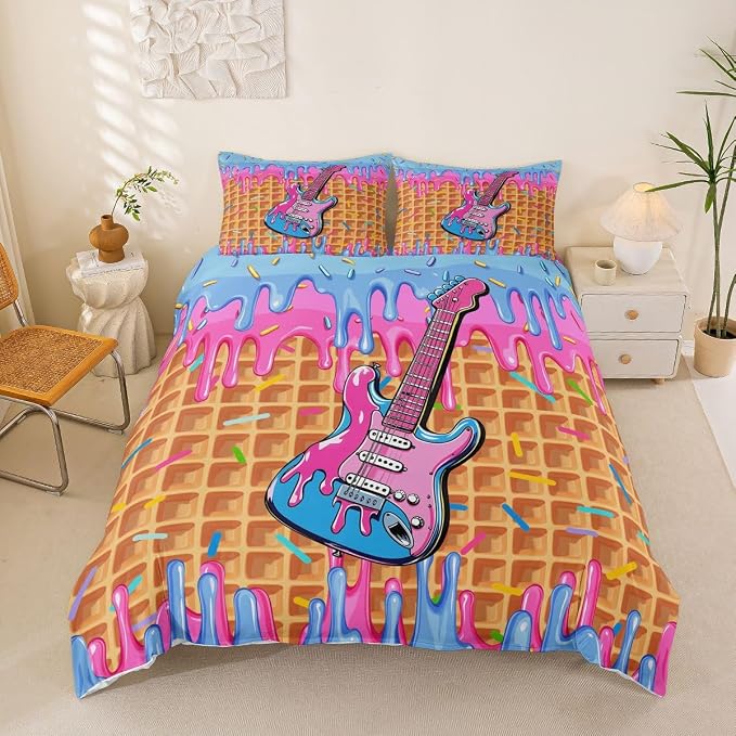 Erosebridal Guitar Music Comforter Cover Full for Girls - Blue Pink Ice Cream Drip Dessert Bedding Set Sweet Candy Duvet Cover,Summer Dessert Party Bed Set