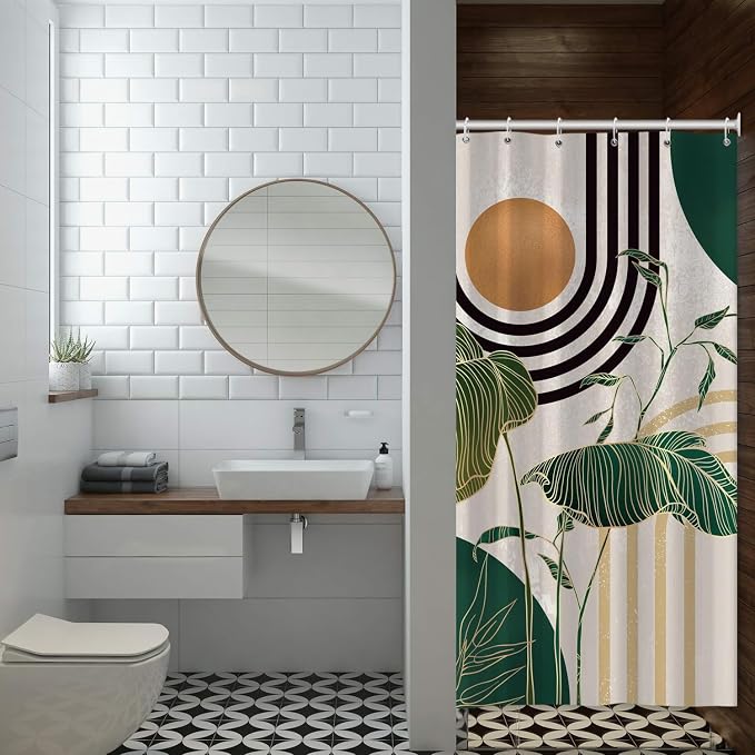 Boho Green Geometric Shower Curtain Bohemian Abstract Mid Century Tropical Bathroom Curtain Minimalist Modern Palm Leaf Shower Curtain Sets for Bathroom Extra Long 36x72 in with 6 Hooks