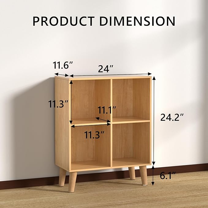 4 Cube Storage Organizer with Legs, 2 Tier Cube Low Bookcase Freestanding Storage Display Organizer for Home Office, Four-Cubes Open Shelf Short Bookshelf (Natural Oak, 4 Cube)