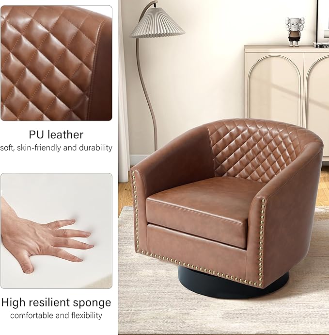 Swivel Barrel Accent Chair, Comfy Modern Upholstered Round Faux Leather Arm Chair for Living Room, Bedroom（Brown, Set of 4