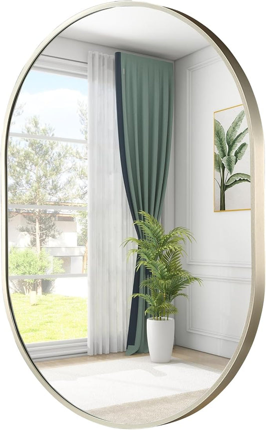 Brushed Nickel Mirror, 22"x30" Oval Bathroom Mirror, Oval Mirror with Brushed Metal Frame, Wall Mount Mirrors Decor for Bathroom, Bedroom, Entryway (Hangs Horizontally or Vertically)