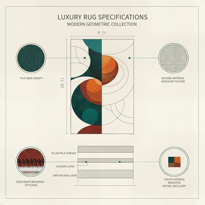 Mid Century Geometric Area Rug 8x10 – Retro Abstract Circle Pattern Rug for Living Room & Bedroom, Low Pile Washable Indoor Rug with Non-Slip Backing