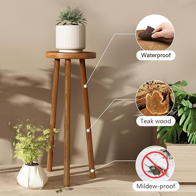 11.8" Round 30" Tall Wood Plant Stand | Teak Wood Accent Stool | Accent Table |Side Table