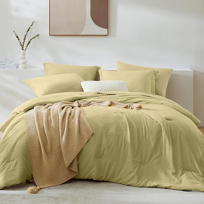 WRENSONGE King Comforter Set, 7 Pieces Hemp Soft Bed in a Bag King with Fitted Sheet, Flat Sheet, 2 Pillow Shams, and 2 Pillowcases- Warm Bedding Set for All Season