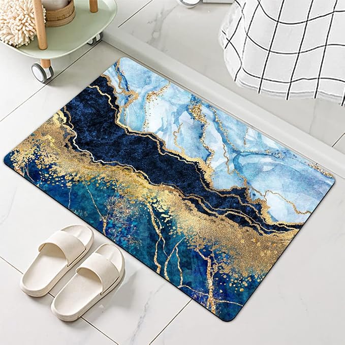 Diatomaceous Earth Bath Mat,Blue White Black and Gold Marble Non-Slip Volume Super Absorbent Fast Drying for Bathroom Kitchen Door mat,Eco-Friendly Easy to Clean 16×24Inch (40 * 60cm)