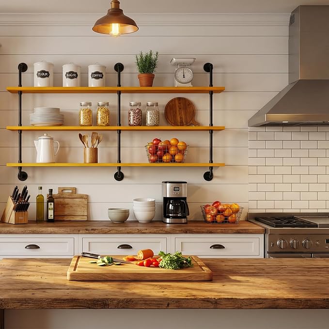 HDDFER Floating Shelves for Wall Bookshelf Industrial Pipe Shelving Shelves Natural Wood Planks Rustic Wall Shelves Hanging Bookshelves Farmhouse Kitchen Shelving 60 inch