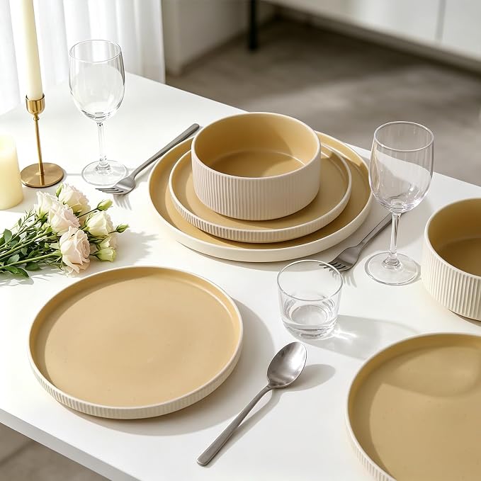 MONITO Ceramic Dinnerware Sets for 4, 12PCS Stoneware Plates and Bowls Sets, Reactive Glaze Dish Set, Chip and Scratch Resistant Double, Microwave and Dishwasher Safe, White Orange