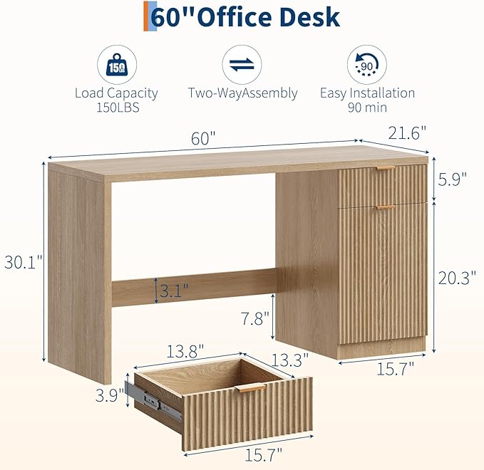 Garvee 60" Fluted Executive Desk with Drawer, Wood Fluted Computer Desks with Storage Cabinet, Home Office Desk Workstation, Farmhouse Desks for Living Room, Bedroom, Natural Oak
