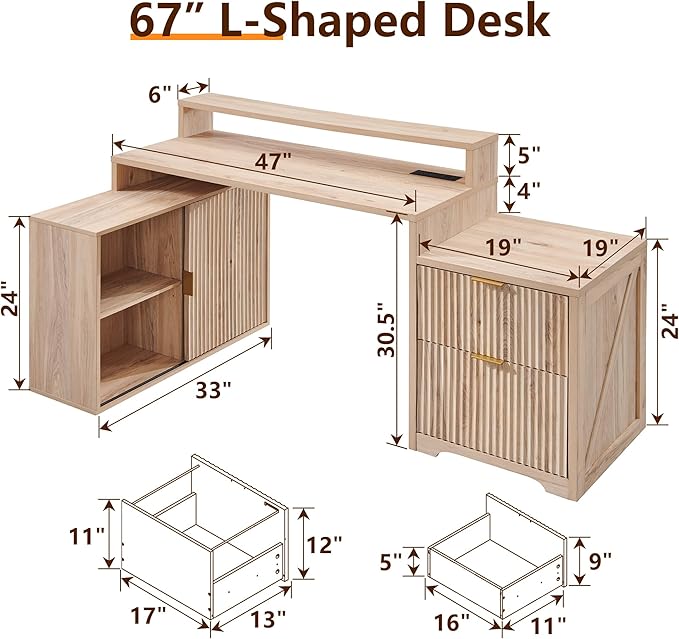 JXQTLINGMU 67" Modern L Shaped Desk with Storage Cabinet & Drawers, Wood Home Office Desk with Power Outlets, Fluted Computer Writing Desk, Oak